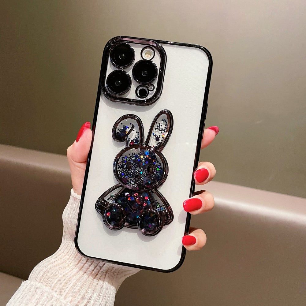 Силиконов, черен калъф - зайче, подвижен брокат, протектор за камера за iPhone 14 Pro Max