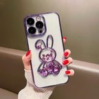 Силиконов, лилав калъф - зайче, подвижен брокат, протектор за камера за iPhone 14 Pro Max