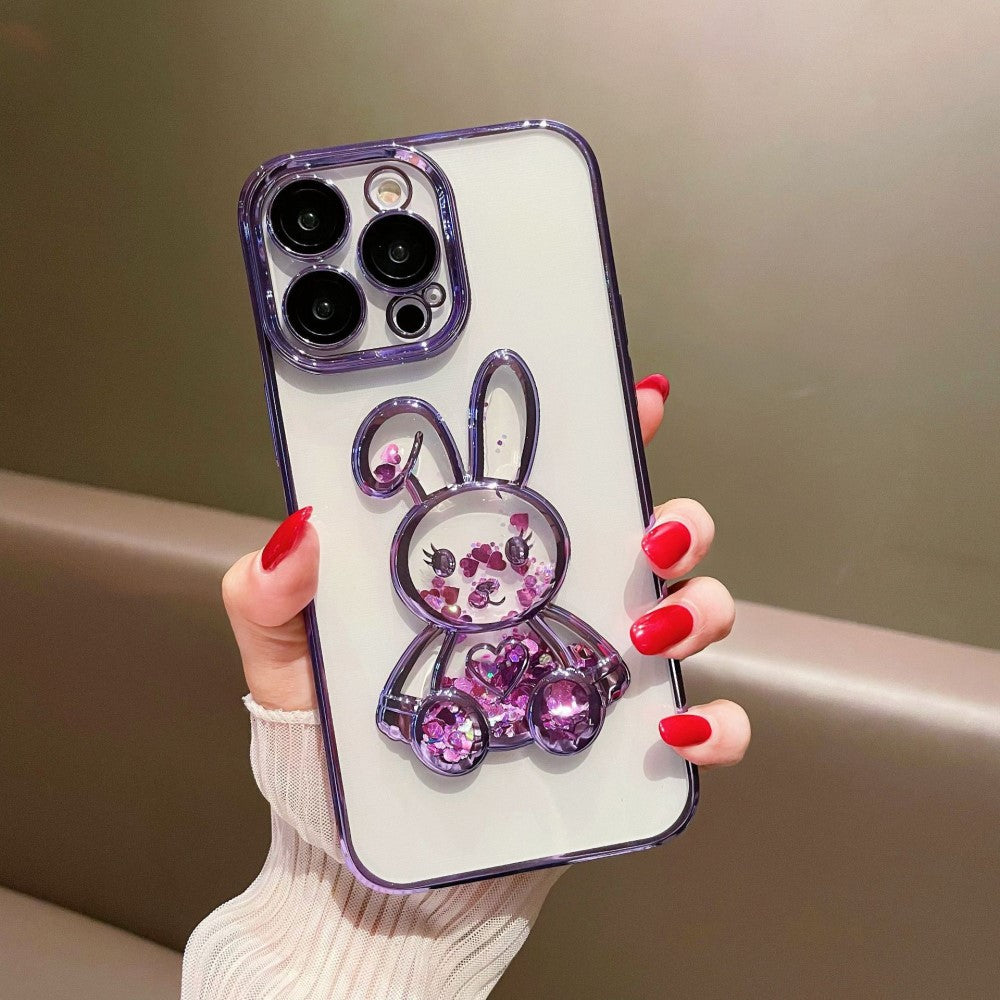 Силиконов, лилав калъф - зайче, подвижен брокат, протектор за камера за iPhone 14 Pro Max