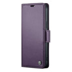Кожен, лилав калъф - преден капак със закопчаване, RFID защита за iPhone 14 Pro Max