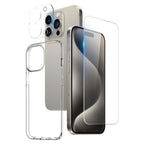 Комплект 3 в 1 - тънък кейс, стъклен протектор за дисплей и за камера за iPhone 15 Pro