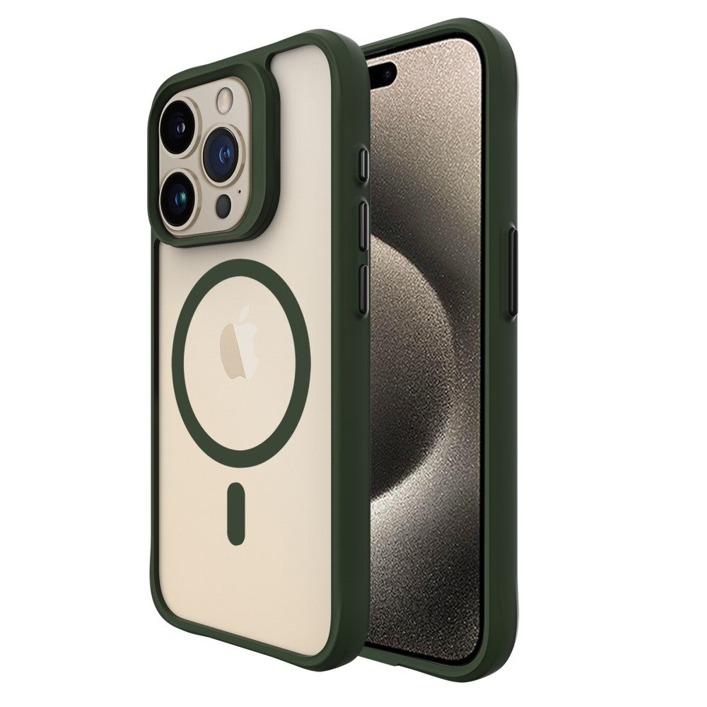 Силиконов, зелен кейс - удароустойчив, с прозрачен гръб, MagSafe за iPhone 15 Pro Max