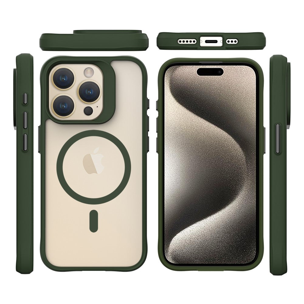 Силиконов, зелен кейс - удароустойчив, с прозрачен гръб, MagSafe за iPhone 15 Pro Max