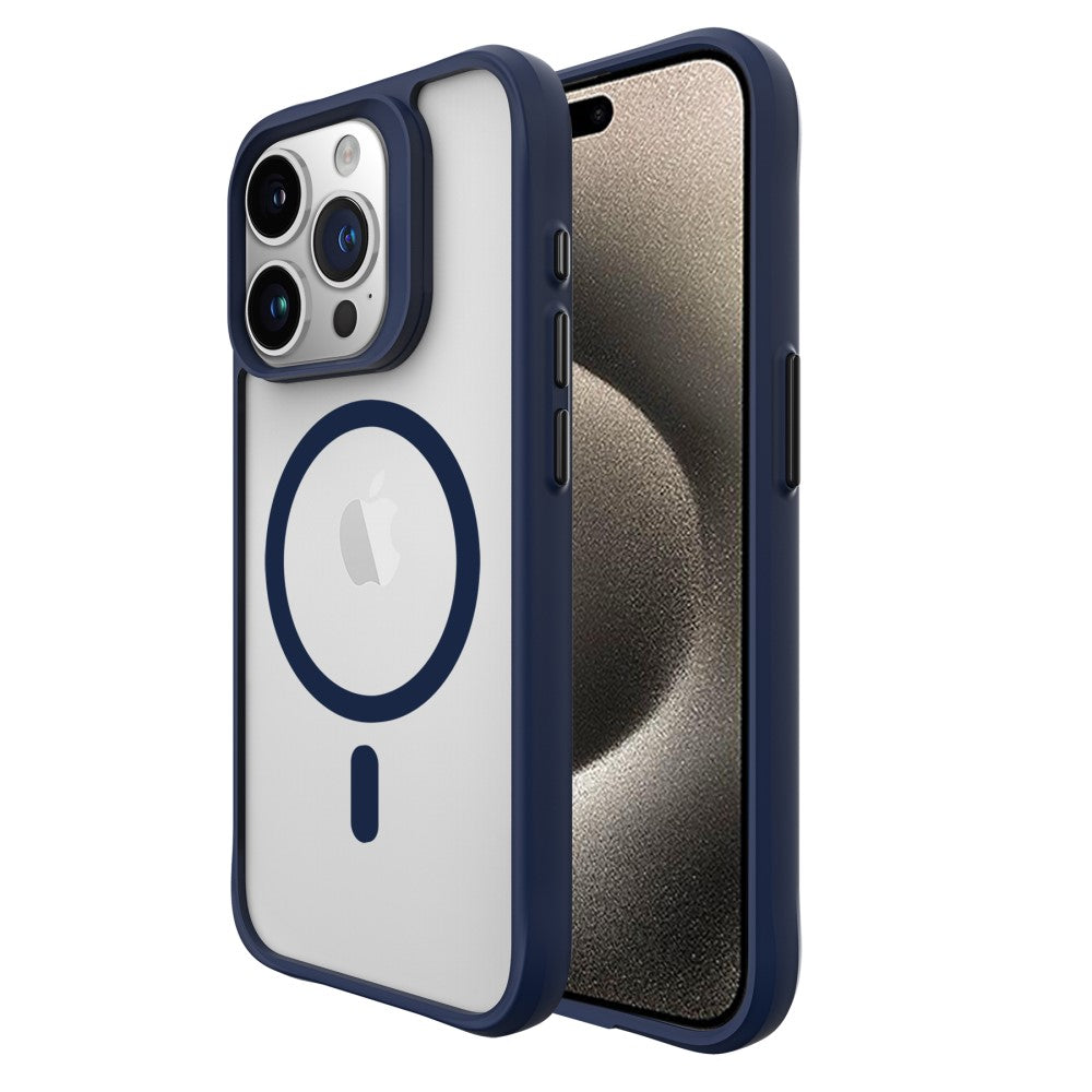Силиконов, син кейс - удароустойчив, с прозрачен гръб, MagSafe за iPhone 15 Pro Max