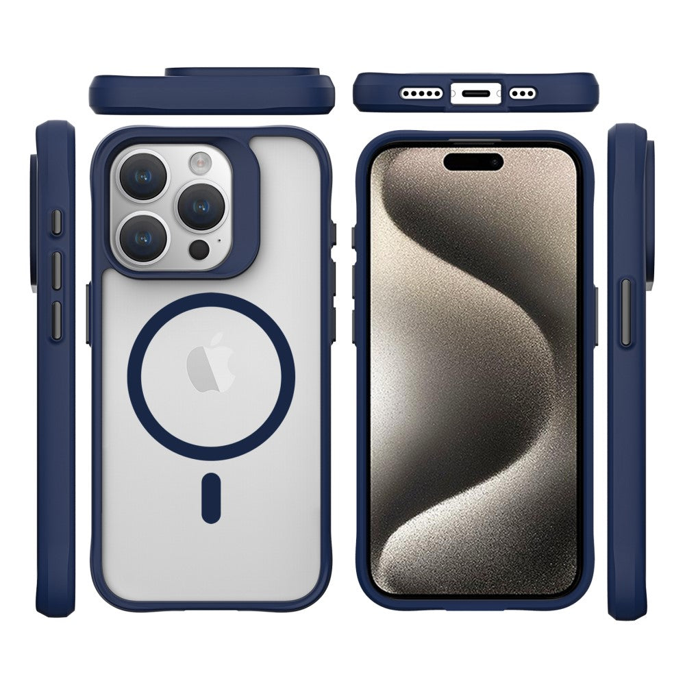 Силиконов, син кейс - удароустойчив, с прозрачен гръб, MagSafe за iPhone 15 Pro Max