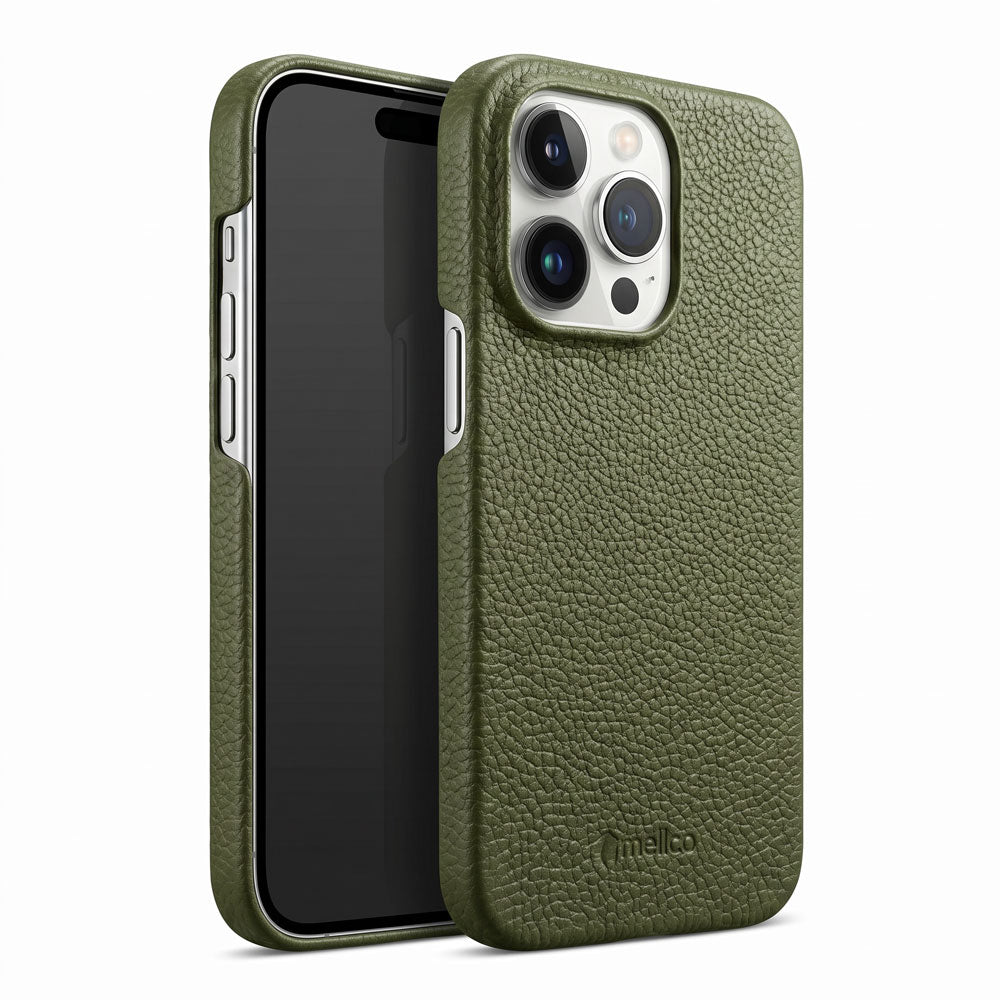 Силиконов, зелен кейс - гръб от естествена кожа за iPhone 14 Pro Max