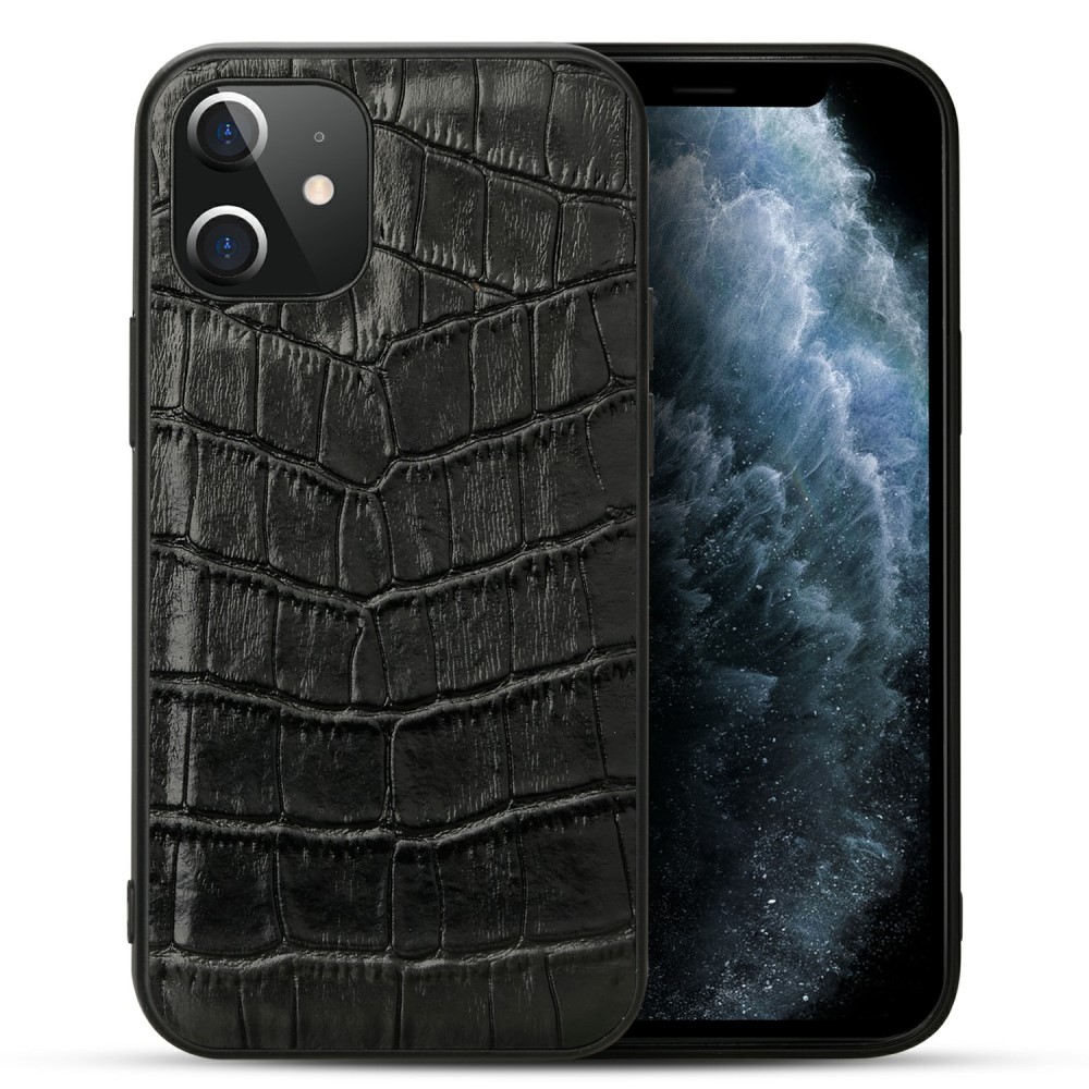 Силиконов, черен калъф – гръб от естествена кожа за iPhone 12 mini