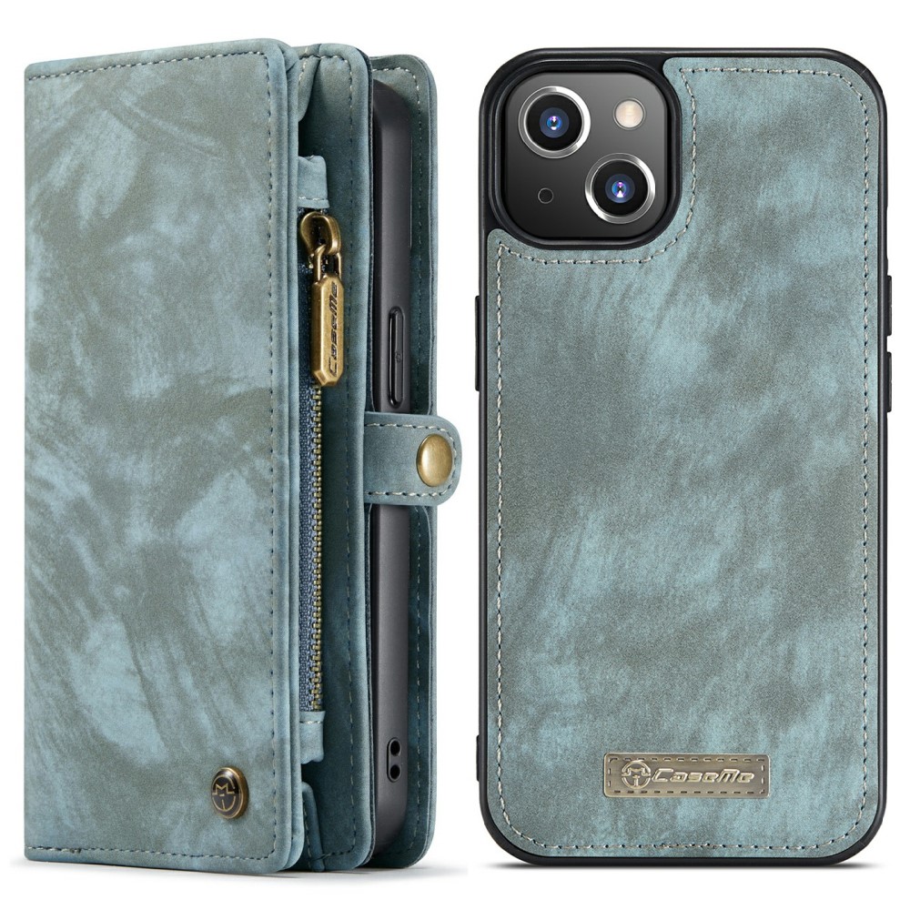 Кожен, син калъф и портмоне – 2 в 1, естествена кожа за iPhone 13