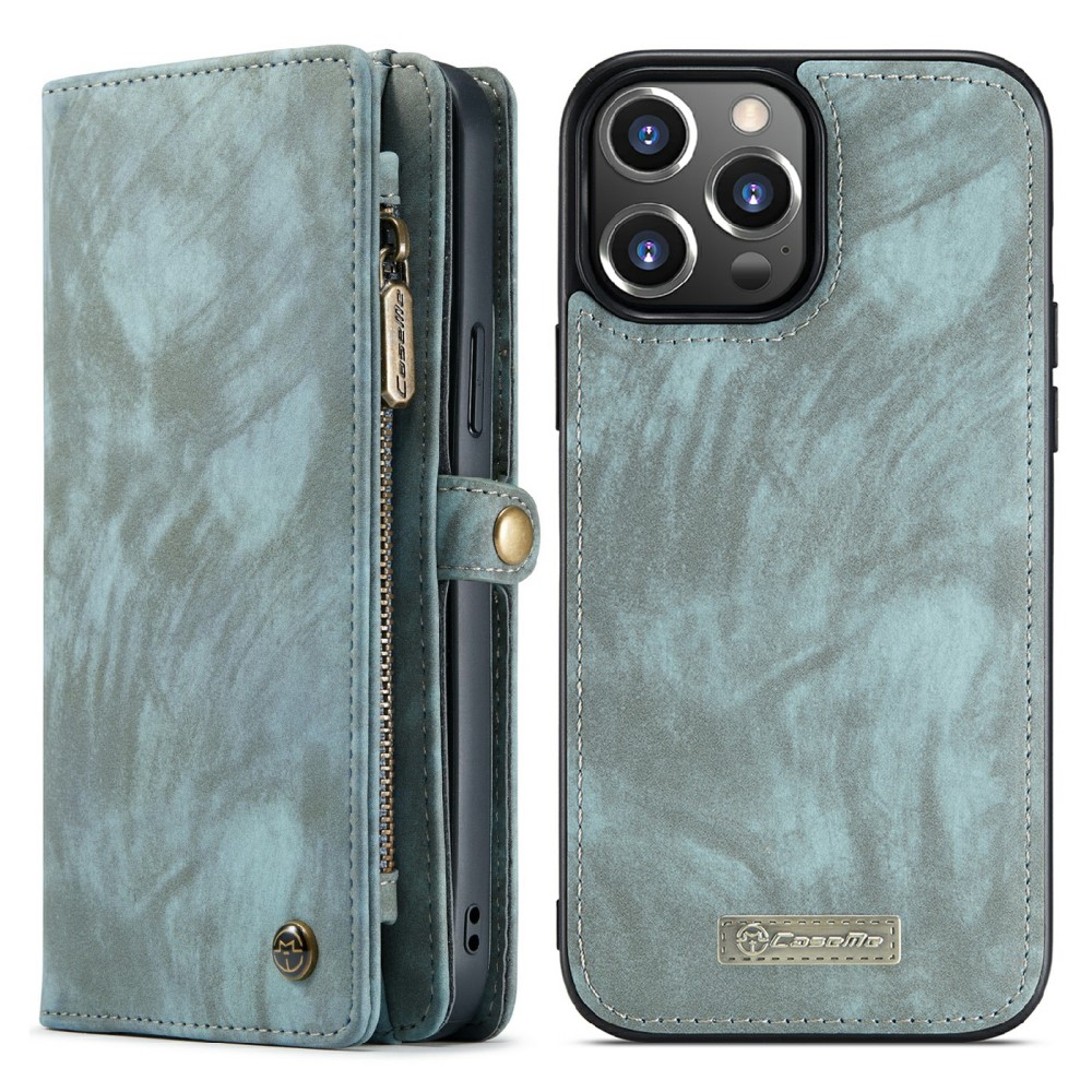 Кожен, син калъф и портмоне – 2 в 1, естествена кожа за iPhone 13 Pro Max