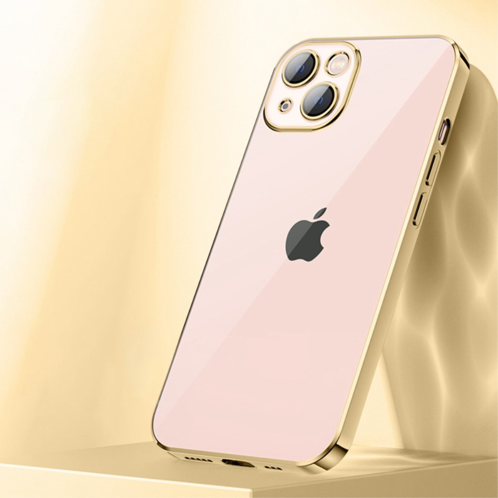 Силиконов, златист калъф – тънък, с прозрачен гръб и протектор за камера за iPhone 13