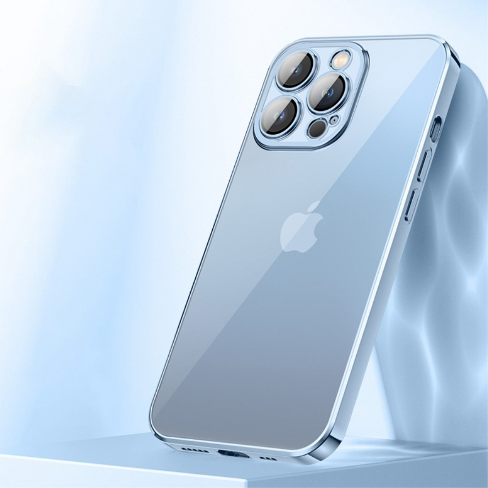 Силиконов, син калъф – тънък, с прозрачен гръб и протектор за камера за iPhone 13 Pro