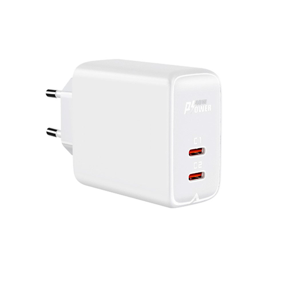 Пластмасов, бял, 40W PD Quick Charge адаптер, два USB-C порта, зарядно за iPhone / iPad