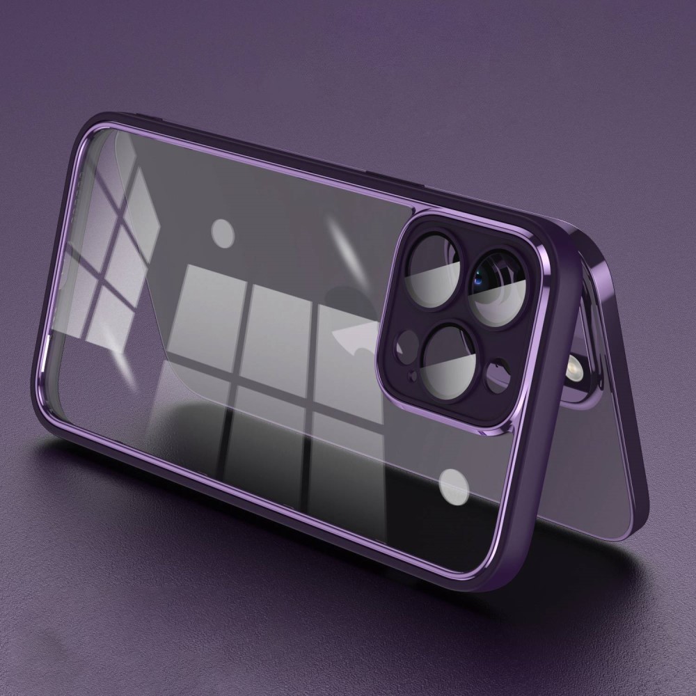 Силиконов, лилав кейс – удароустойчив, с прозрачен гръб и протектор за камера за iPhone 14 Pro Max