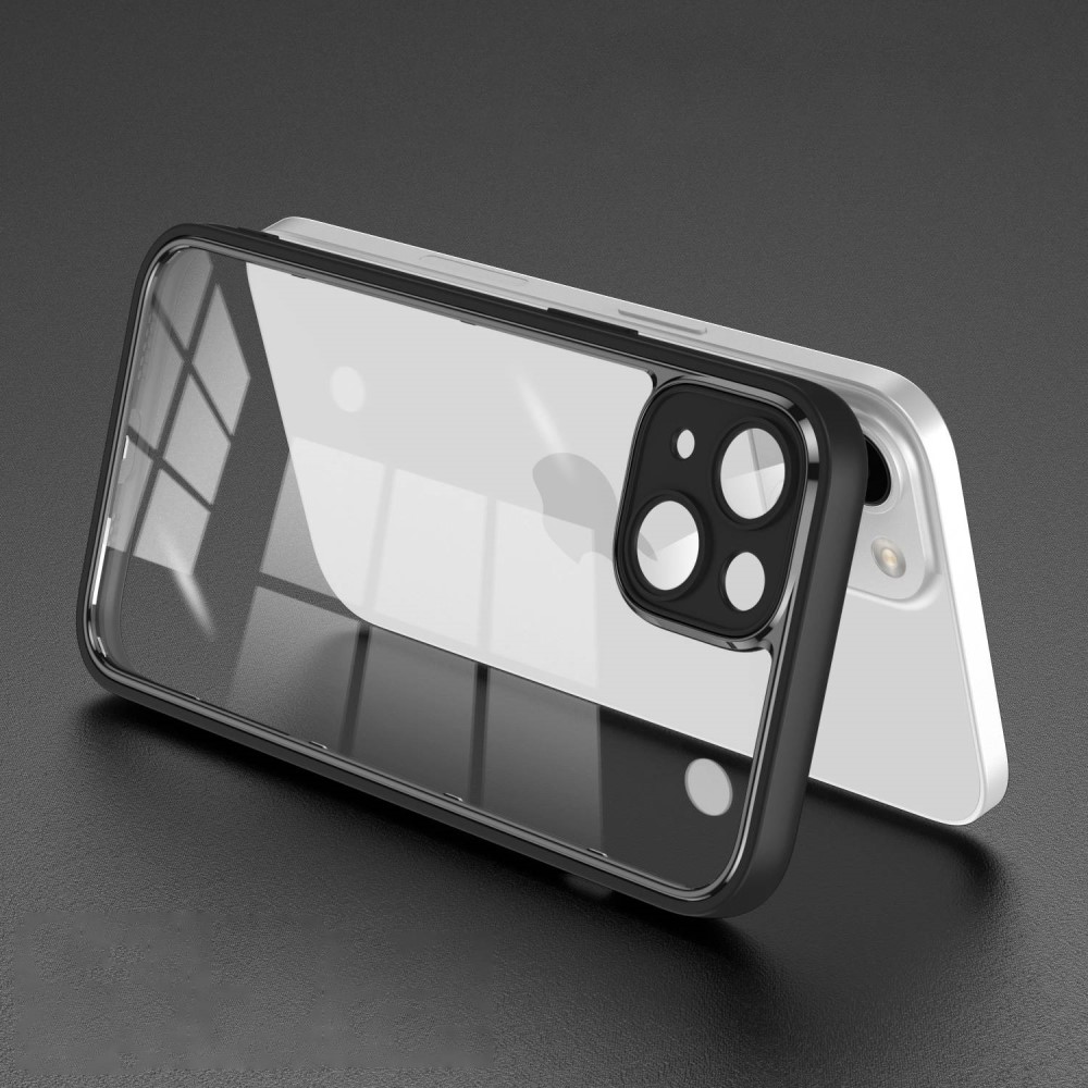 Силиконов, черен кейс – удароустойчив, с прозрачен гръб и протектор за камера за iPhone 14 Plus