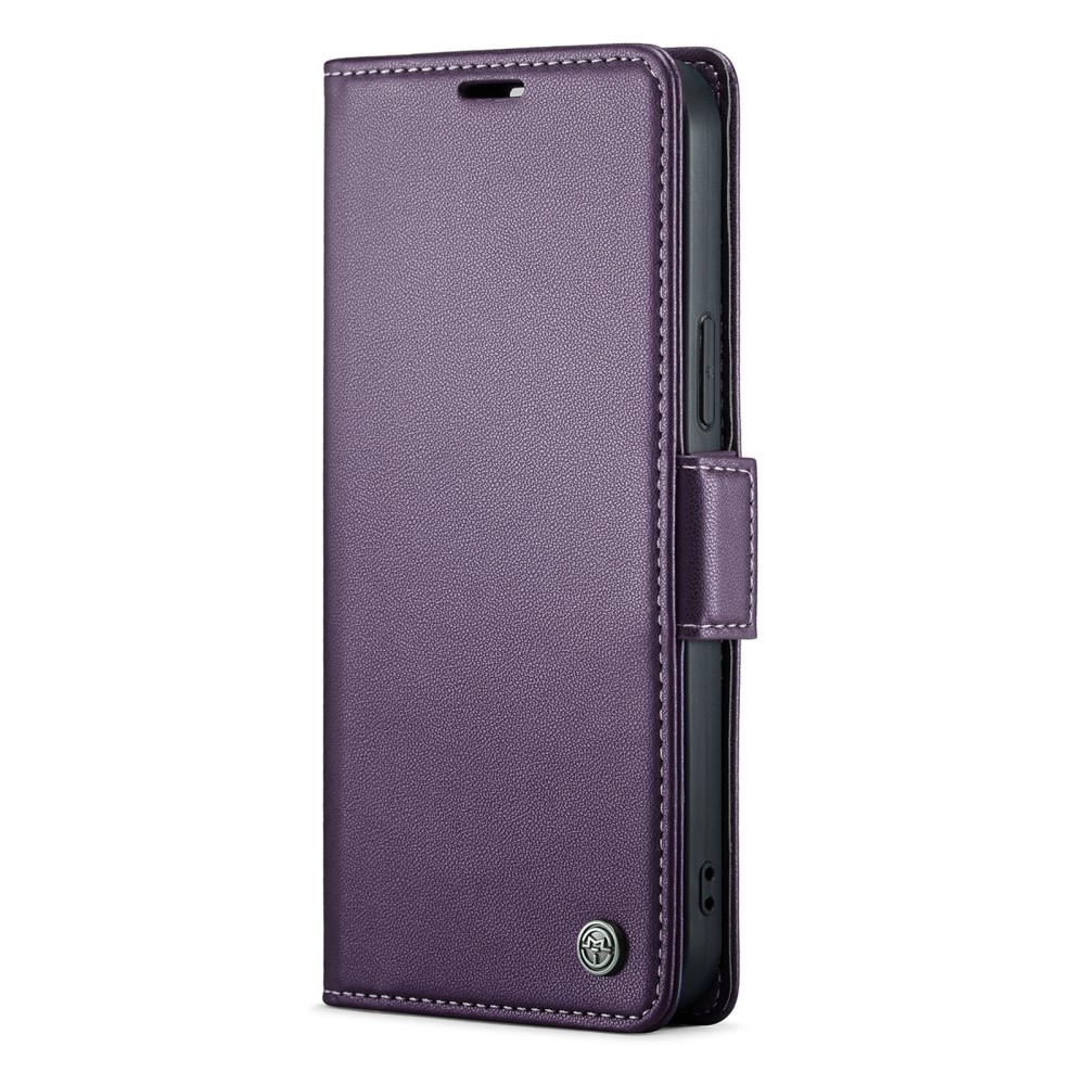 Кожен, лилав калъф – преден капак със закопчаване, RFID защита за iPhone 14 Pro Max