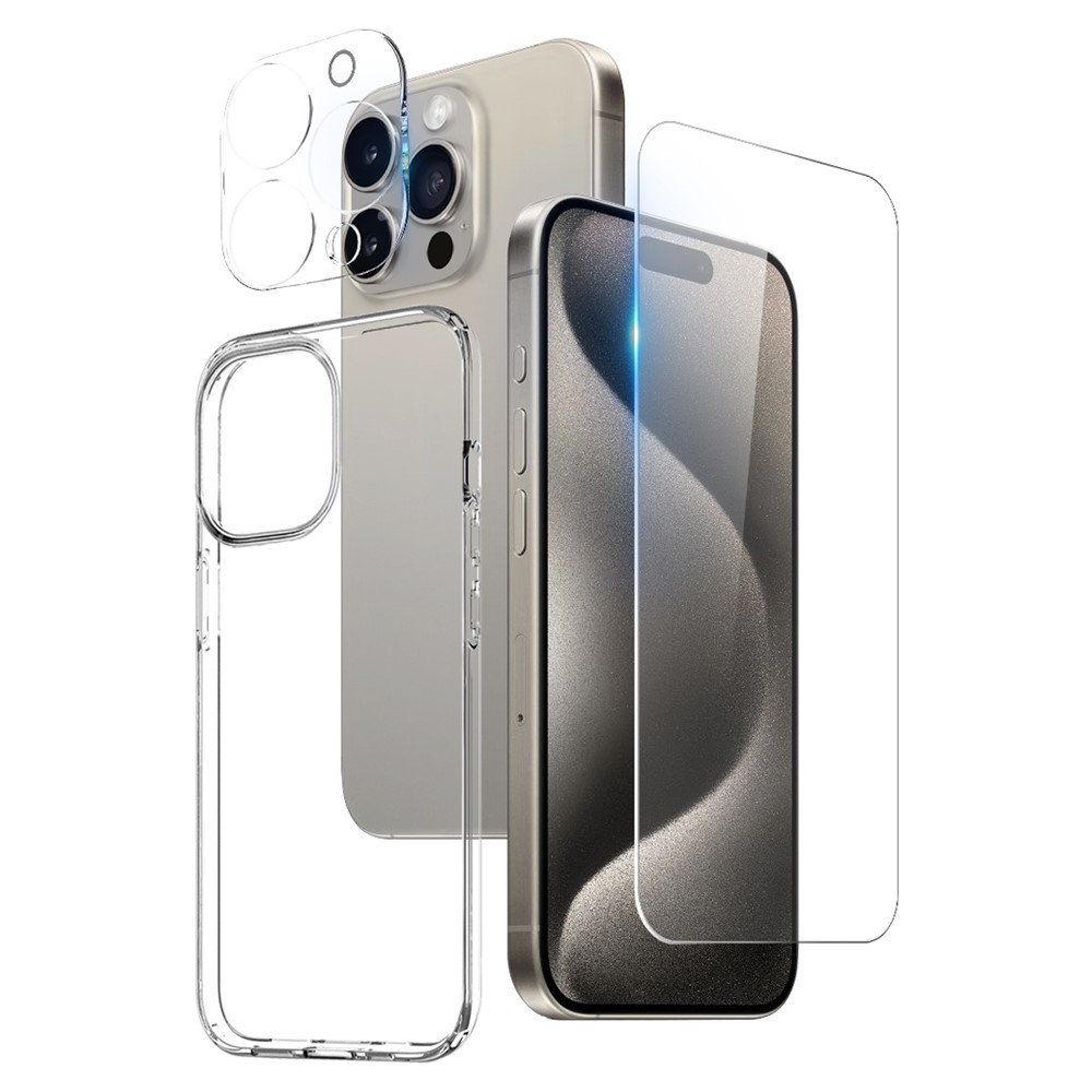 Комплект 3 в 1 – тънък кейс, стъклен протектор за дисплей и за камера за iPhone 15 Pro