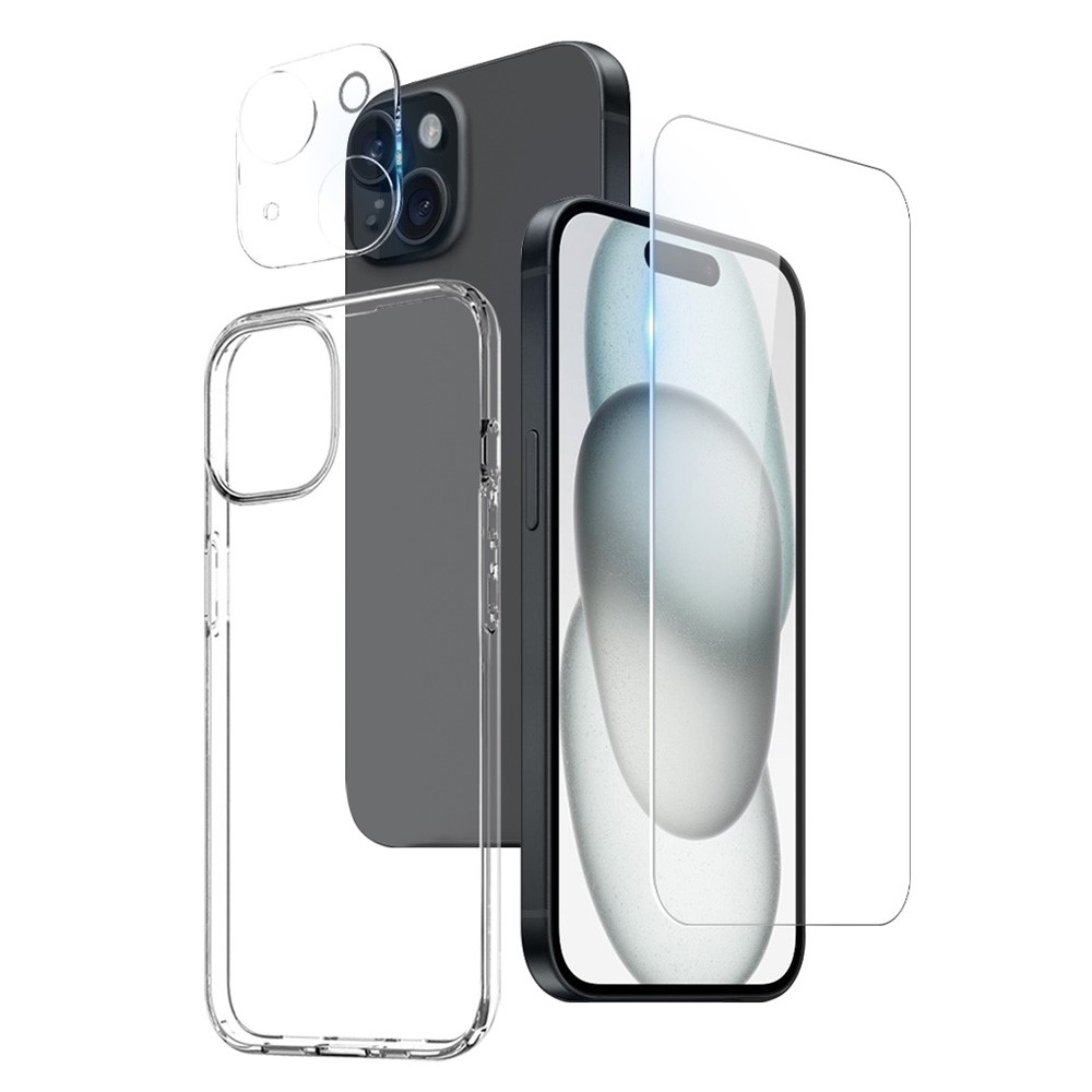 Комплект 3 в 1 – тънък кейс, стъклен протектор за дисплей и за камера за iPhone 15 Plus