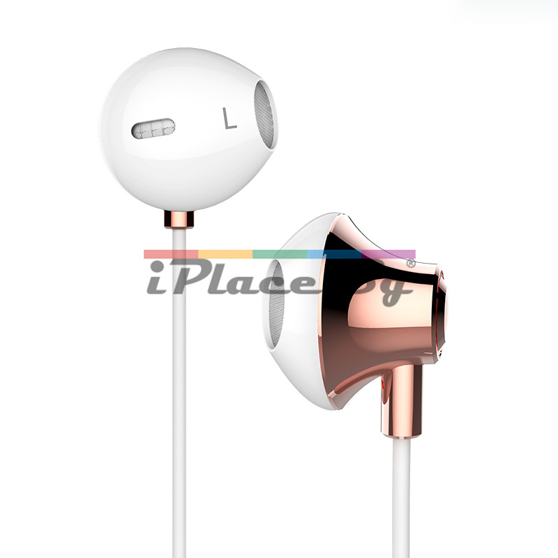Пластмасови, бели слушалки с микрофон – златист (rose gold) за iPhone/Samsung
