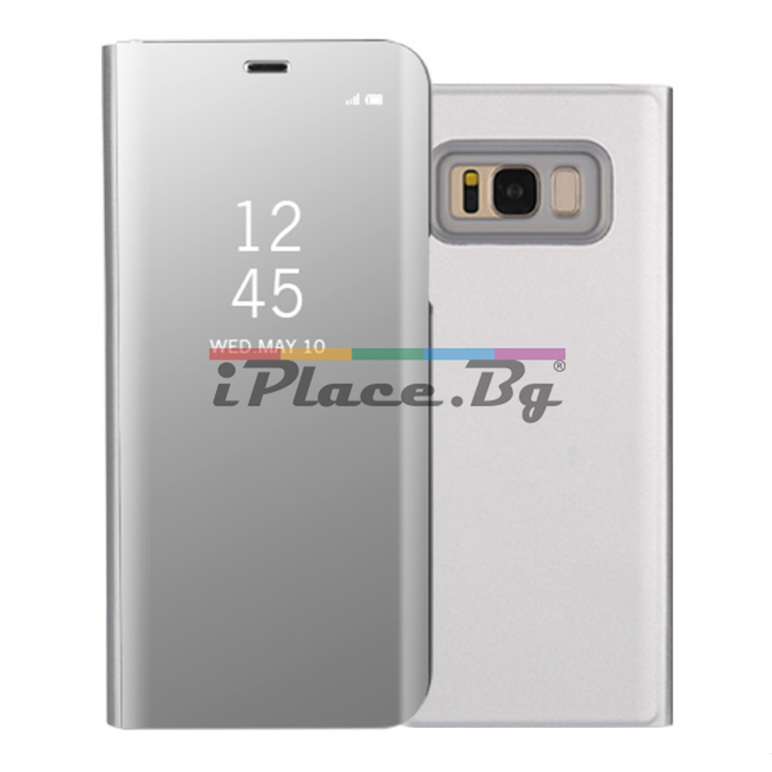 Кожен, сребрист калъф – прозрачен, предпазен капак за Samsung Galaxy S8 Plus